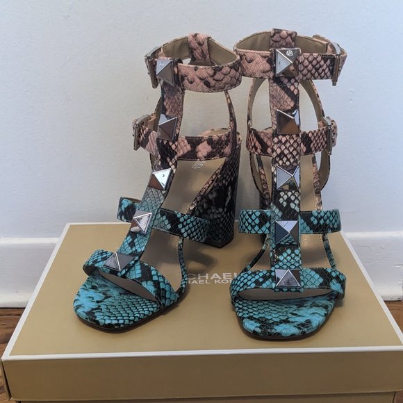 Michael Kors Wren Studded Ombré Snake Embossed Leather Sandal 10 - Picture 5 of 8